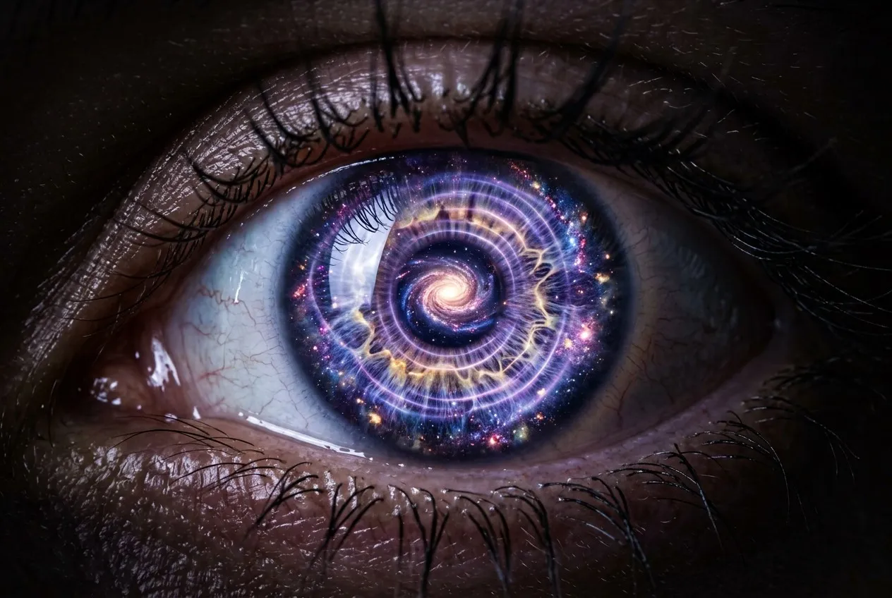 人眼瞳孔中倒映旋轉星系，藍紫色意識漣漪向外擴散，象徵感知擴展與內在覺察深化