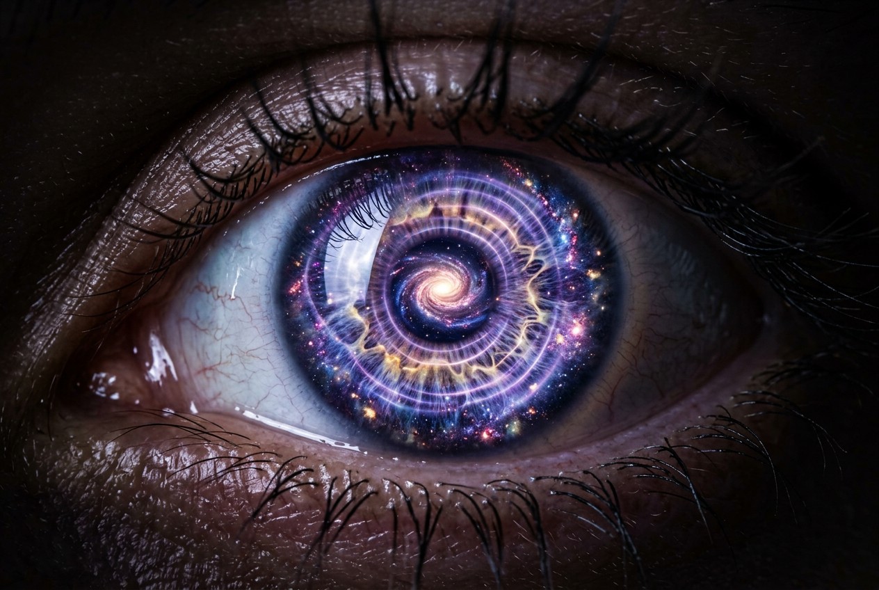 人眼瞳孔中倒映旋轉星系，藍紫色意識漣漪向外擴散，象徵感知擴展與內在覺察深化