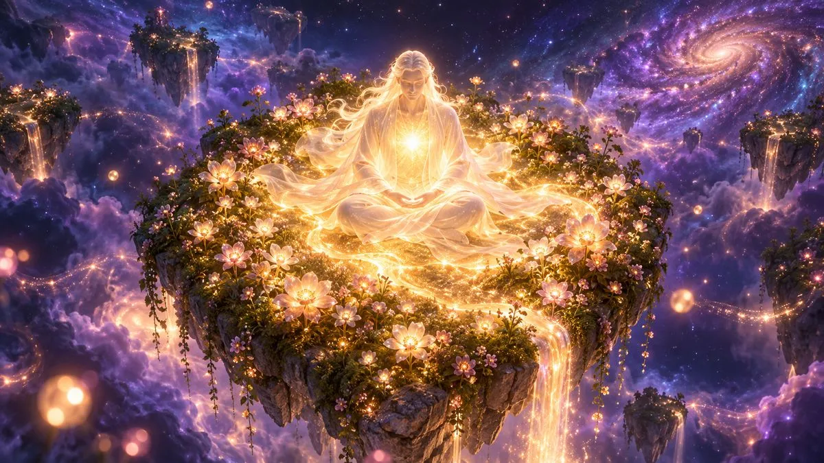 俯視鳥瞰,一位由星光構成、身穿流動光袍的男子盤腿坐在漂浮於星空中的小島上,四周開滿發光的花,他的胸口像一盞裝滿的燈,金色的光滿溢出來,沿著花叢流成一道小瀑布,遠處是其他浮島與紫色漩渦星系