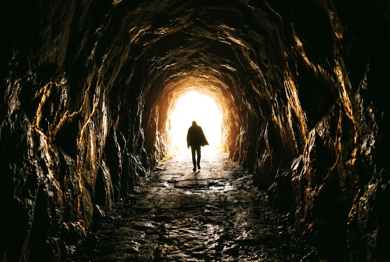 孤獨身影走過黑暗長廊，遠端透出強烈白金色光芒，廊壁閃爍金色光脈，象徵穿越黑暗走向轉化