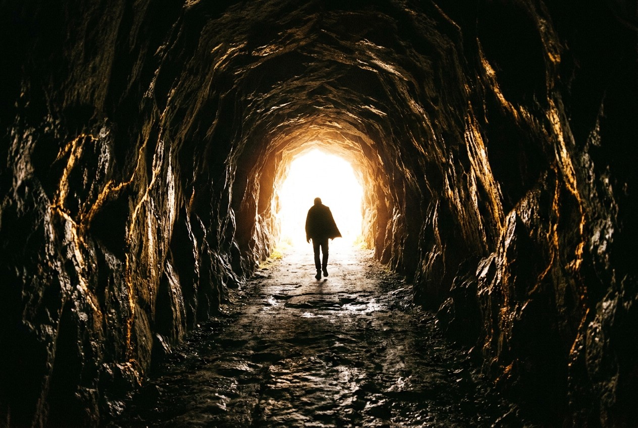 孤獨身影走過黑暗長廊，遠端透出強烈白金色光芒，廊壁閃爍金色光脈，象徵穿越黑暗走向轉化