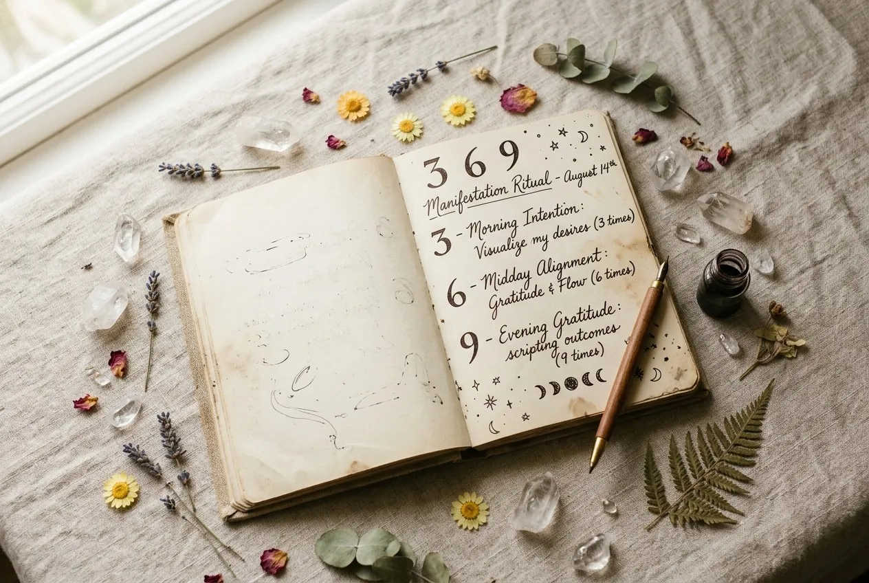 從俯視角度拍攝一本攤開的筆記本,頁面上有數字 3、6、9 和手寫文字,周圍散落水晶和乾燥花,柔和自然光