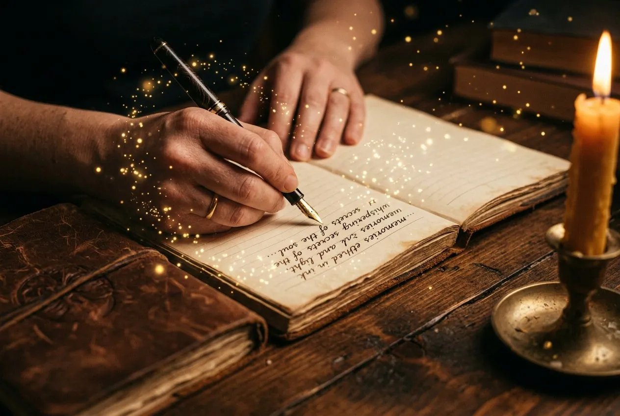 一雙手在筆記本上用鋼筆書寫,周圍有細微的金色光點環繞,桌面有燭光,氛圍專注而儀式感強烈