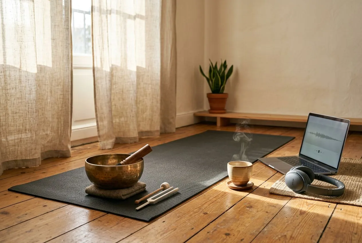 柔和晨光透過窗紗灑進室內，木地板上有一張深色瑜伽墊，墊上放著一只金色頌缽和一支金屬音叉，旁邊有開著的筆電與耳機，畫面整體寧靜溫暖，象徵在家自己探索 432Hz 與聲音放鬆的日常實踐