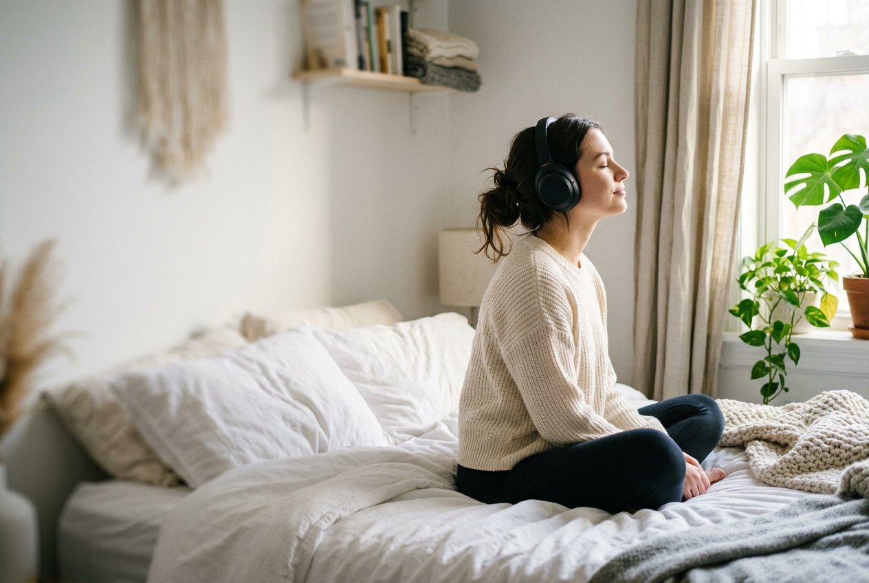 人物盤腿坐於床上戴著無線耳機，眼睛閉合臉微仰，柔和晨光從右側窗戶照亮側臉輪廓，人物佔畫面右半側，左側是模糊白牆