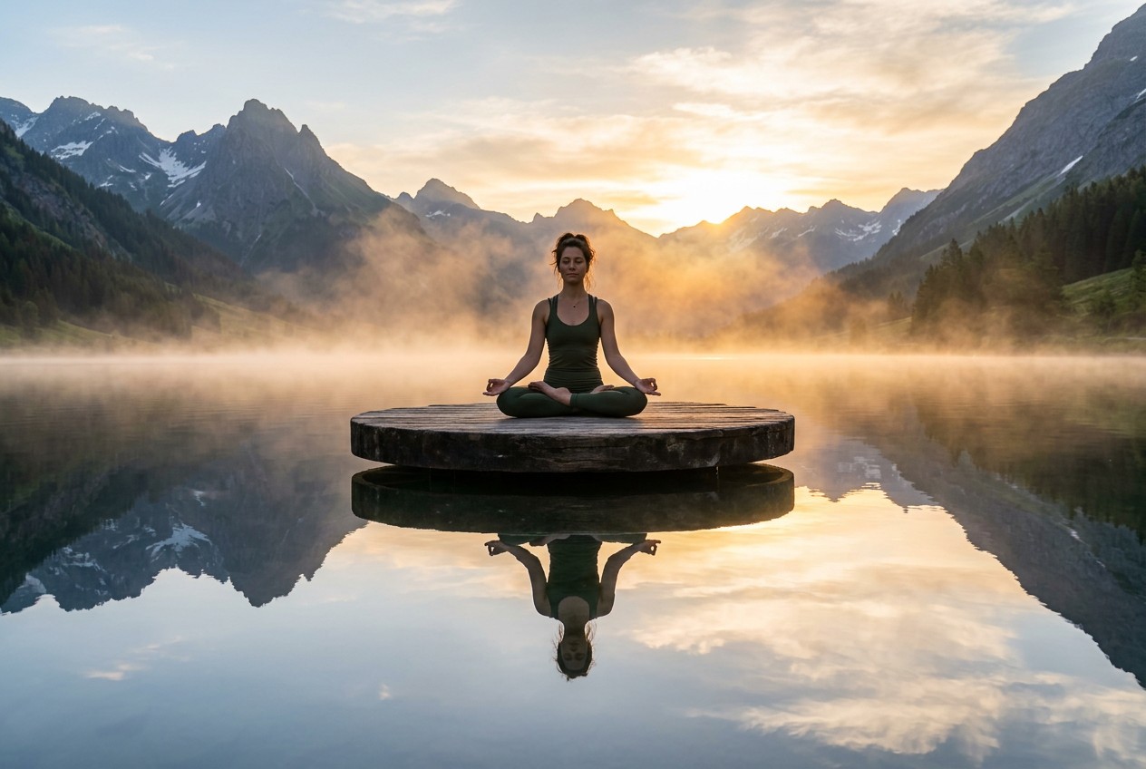 修行者以蓮花座靜坐於山湖木台上，金色晨光中身影與水中倒影完美對映，霧氣裊裊
