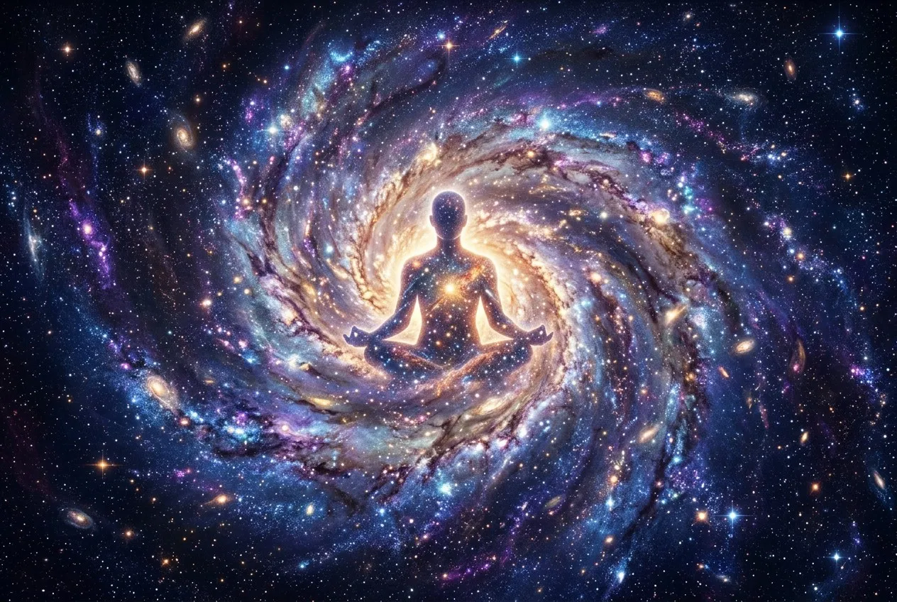 俯瞰發光螺旋星系逐漸轉化為人形剪影，個人自我融入宇宙整體，深藍紫金色調，震撼人心