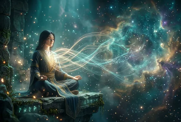 三分偏左一個冥想中的人物，半透明的光線細絲緩緩編織回他的胸口與肩膀，像是靈魂正在重新組合，深青與暖金光暈，右側畫面開展為宇宙般的霧氣空間