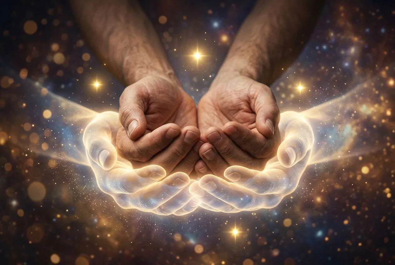 特寫一雙手被一雙半透明的柔光大手從下方輕輕托住，四點金色星光在周圍環繞，暖色夜光景深，散發安穩受保護的靈性光氛