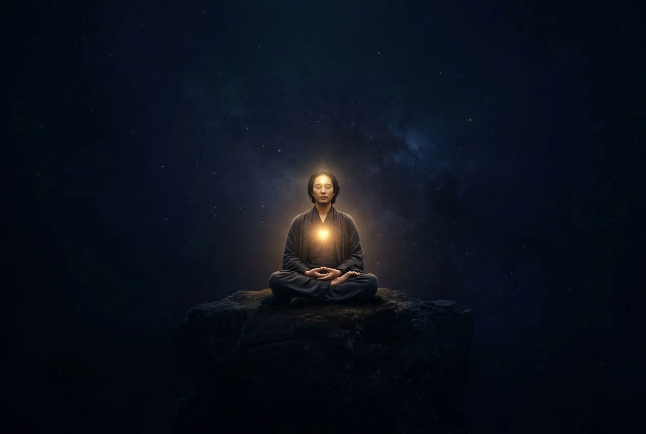 極簡留白構圖，一個人獨自盤腿靜坐在大片靛藍夜色中，胸口與眉心各亮著一點柔和的暖金光，四周留白，象徵往內收的直覺與內在智慧