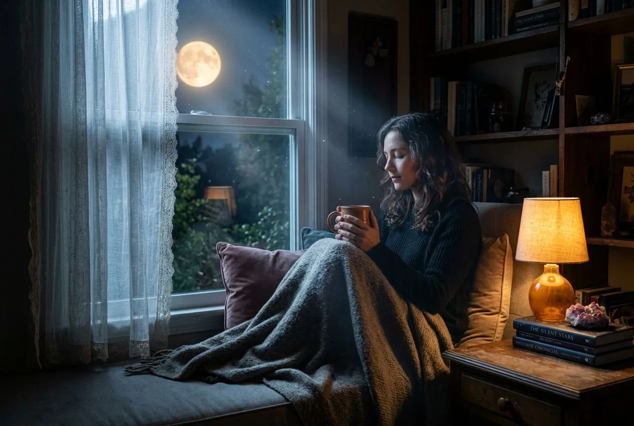 月光下獨坐場景，深藍紫色夜空懸掛一輪溫柔滿月，月光透過紗窗灑進安靜房間，一位女性側影坐在窗邊沙發上，雙手抱著一杯溫熱飲品，頭微微低下閉眼沉思，身旁放著幾本書、一盞暖橘色小燈與一瓶水晶，整個畫面柔焦帶著細微光塵，靜謐而有內在空間感