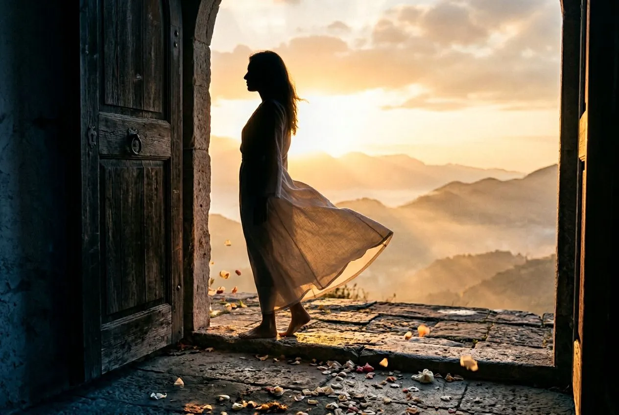 晨光中推開木門走出的側影剪影，畫面左側一位穿米白長衫女性從昏暗室內跨步走向右側的金色晨光中，光線把她的身影鍍上暖金色邊緣，背景有薄霧與遠山輪廓，地面鋪滿幾片被風吹散的花瓣，整個畫面像是一個新的自己即將被世界看見的瞬間