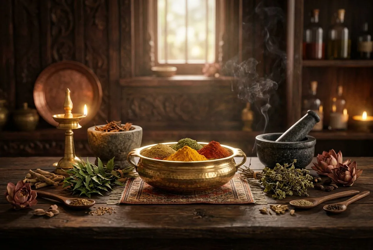 正面置中對稱構圖，畫面中央一個盛著金黃薑黃、紅色與綠色香料粉的黃銅碗，周圍環繞乾燥草藥、石製研杵與一盞發光的小油燈，溫暖晨光，深色木質背景，淺景深，散發阿育吠陀療癒桌的氛圍