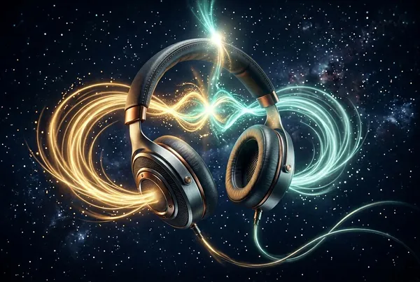 深藍色背景下，一副金屬質感的有線耳機懸浮於畫面中央，左右耳罩各自延伸出柔和的金色與青色聲波線條，兩條波在頭部位置交疊形成第三條共振波，象徵雙耳節拍在大腦中合成出新的頻率