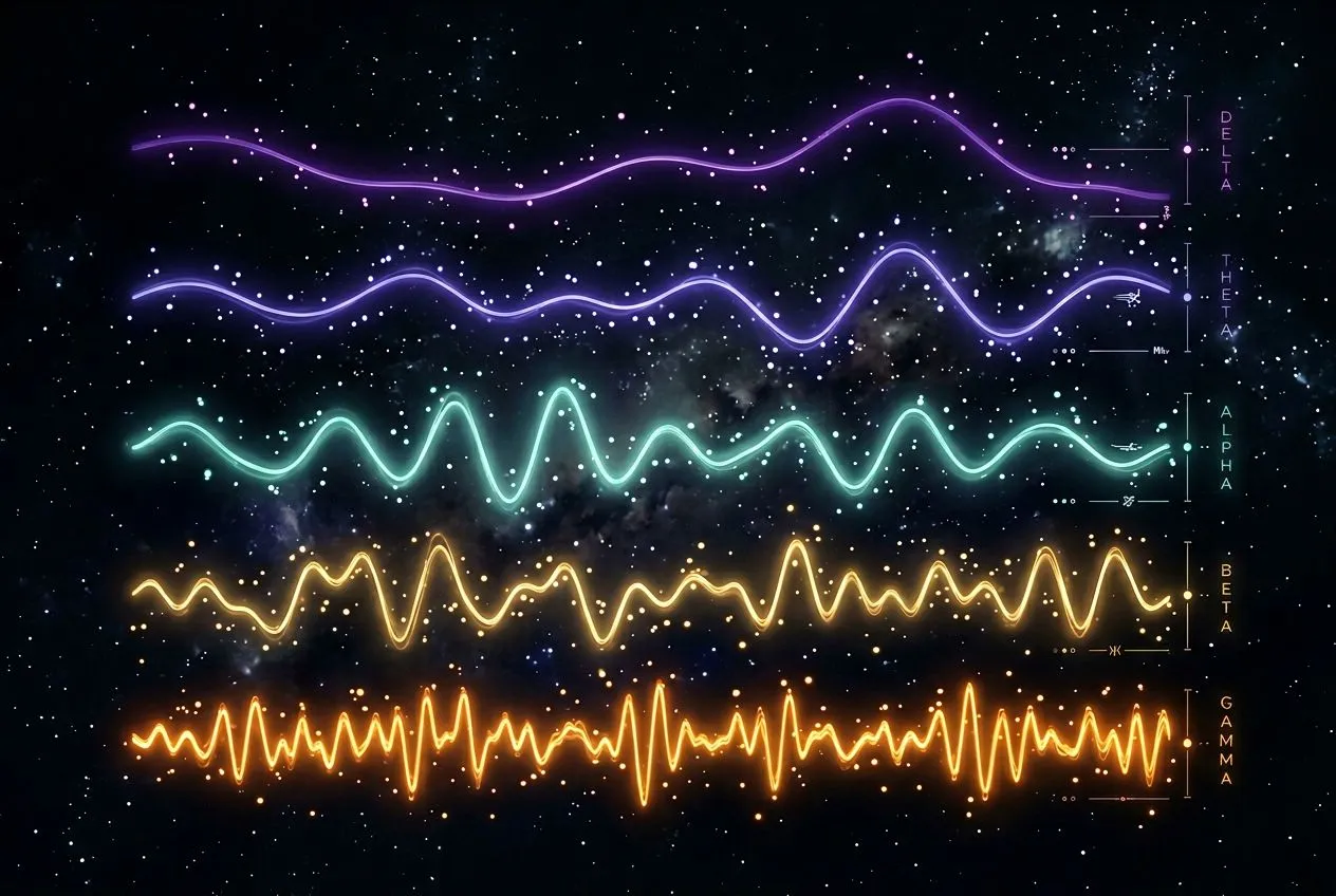 黑底深空背景上五條由上至下垂直排列的腦波線條，由稀疏緩慢的低頻 Delta 波到密集快速的高頻 Gamma 波，每條波旁邊有微弱的金色光暈，整體像是大腦活動頻譜的視覺化圖鑑