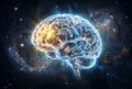 一個發光的人腦輪廓，前額葉皮質區域閃爍著決策訊號，背景是深色宇宙，象徵意識與大腦的神秘關係