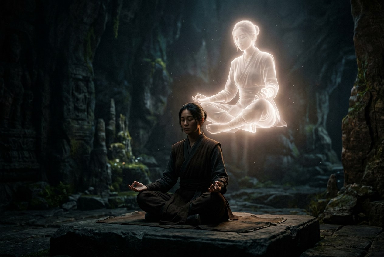 一個人靜坐，上方漂浮著透明的自身分身，發著柔和白光從高處俯看，象徵見證者意識凌駕於思維之上