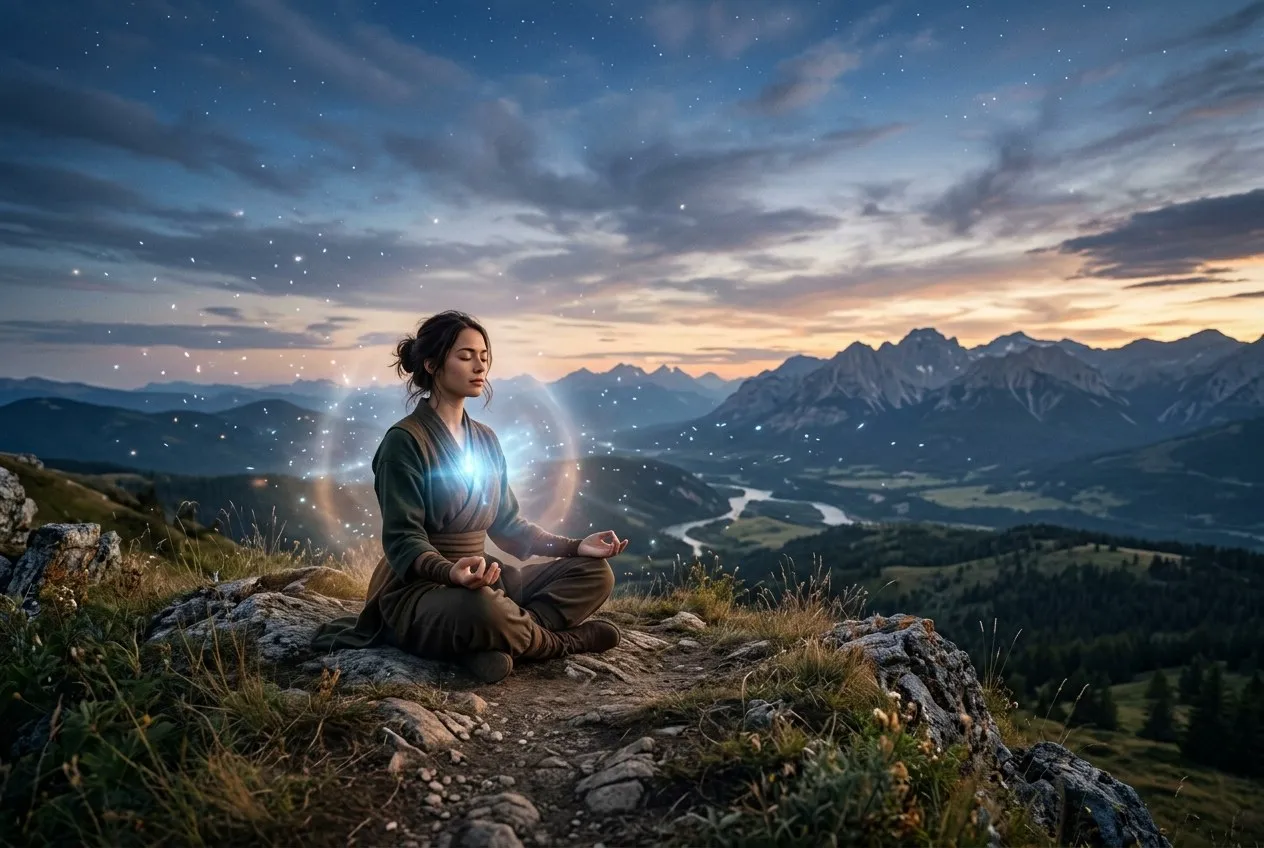 一個人坐在空曠的自然場景中，胸口有柔和的藍白光芒隨呼吸擴散，周圍空氣有輕微的光粒子流動