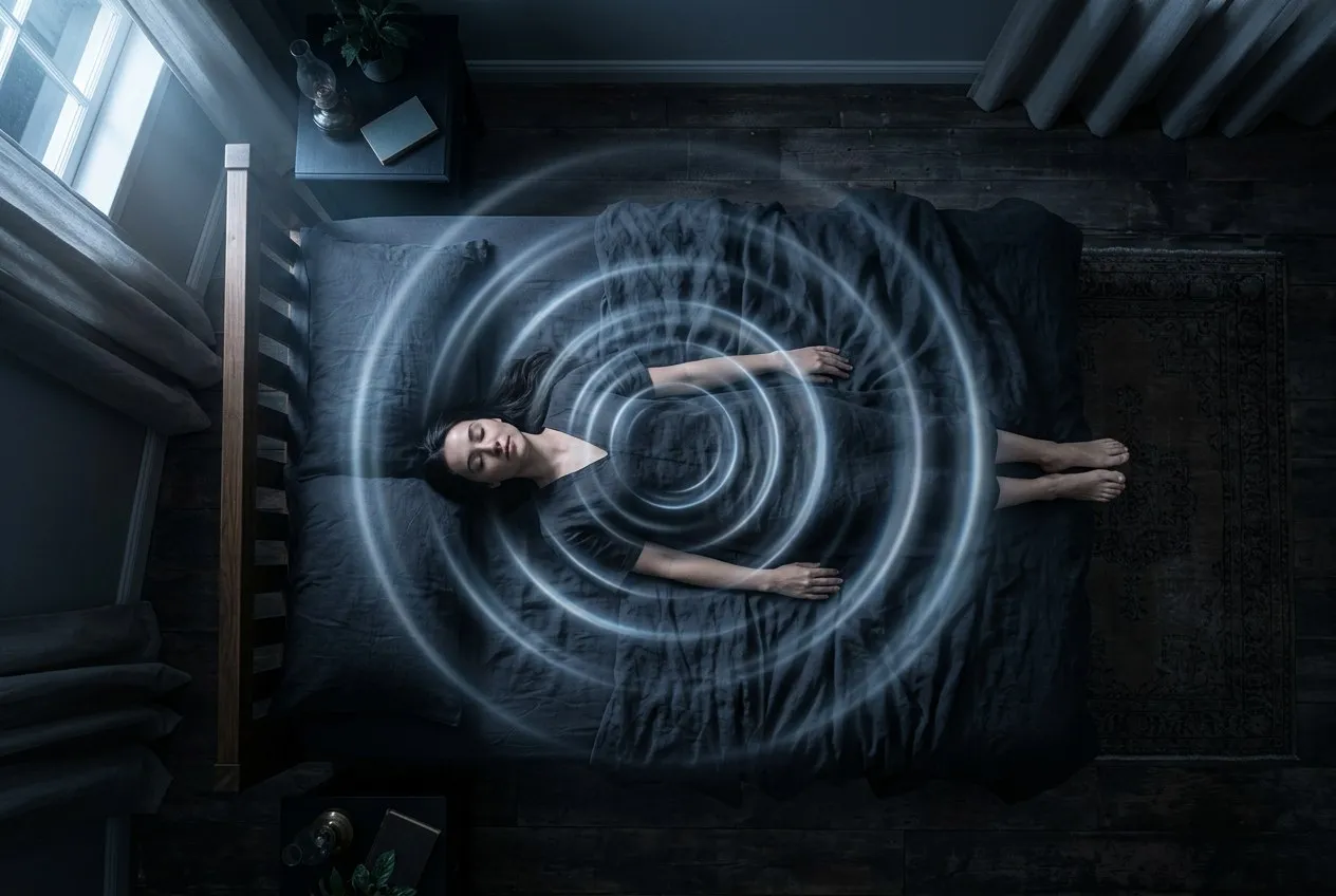 一個人在夜晚窗邊靜坐,胸口有輕柔的藍色光暈隨呼吸節奏緩緩擴散收縮,窗外星光隱約