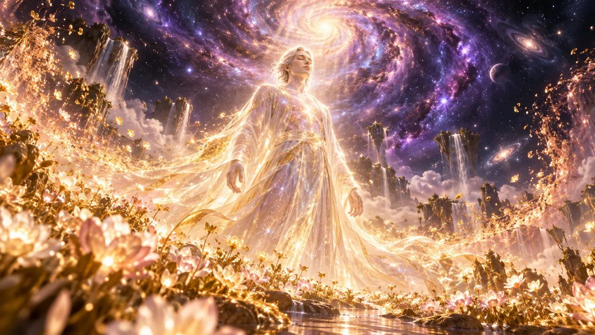 低角度仰拍,一位由星光構成、身穿流動光袍的男子站在發光花朵的夢境草原上,雙眼輕閉、神情平靜,四周的夢境從邊緣開始化成金色與玫瑰金的光點往上飄散,露出頭頂遼闊的紫色銀河