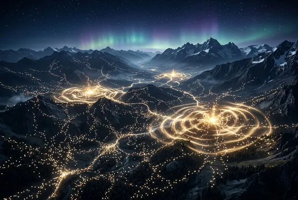 遼闊的黑暗平原從高角度俯瞰，數千個微小發光點像神經元散布在山谷之間，某些光點群集脈衝並向外擴散金色光浪，深靛藍夜空帶有淡淡極光色彩，整體氣氛像是意識正在大規模甦醒的視覺呈現