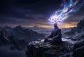 一位人物盤坐在山巔，頭頂上方綻放千瓣紫白色光蓮，星光從宇宙傾瀉而下與光蓮交融