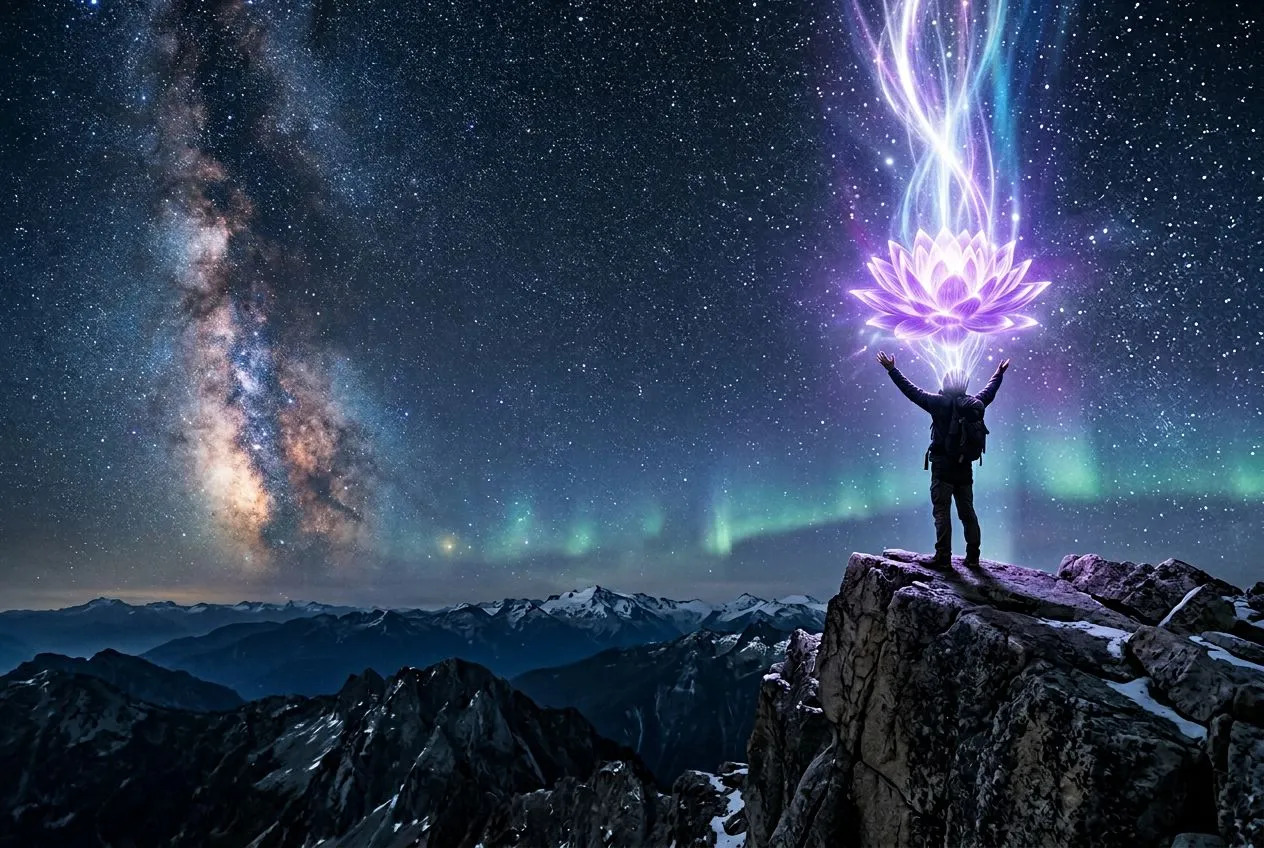 一位人物站在山巔星空下、位於畫面右側三分之一位置,雙手向上張開,頭頂上方千瓣紫光蓮花綻放,宇宙光流向下注入