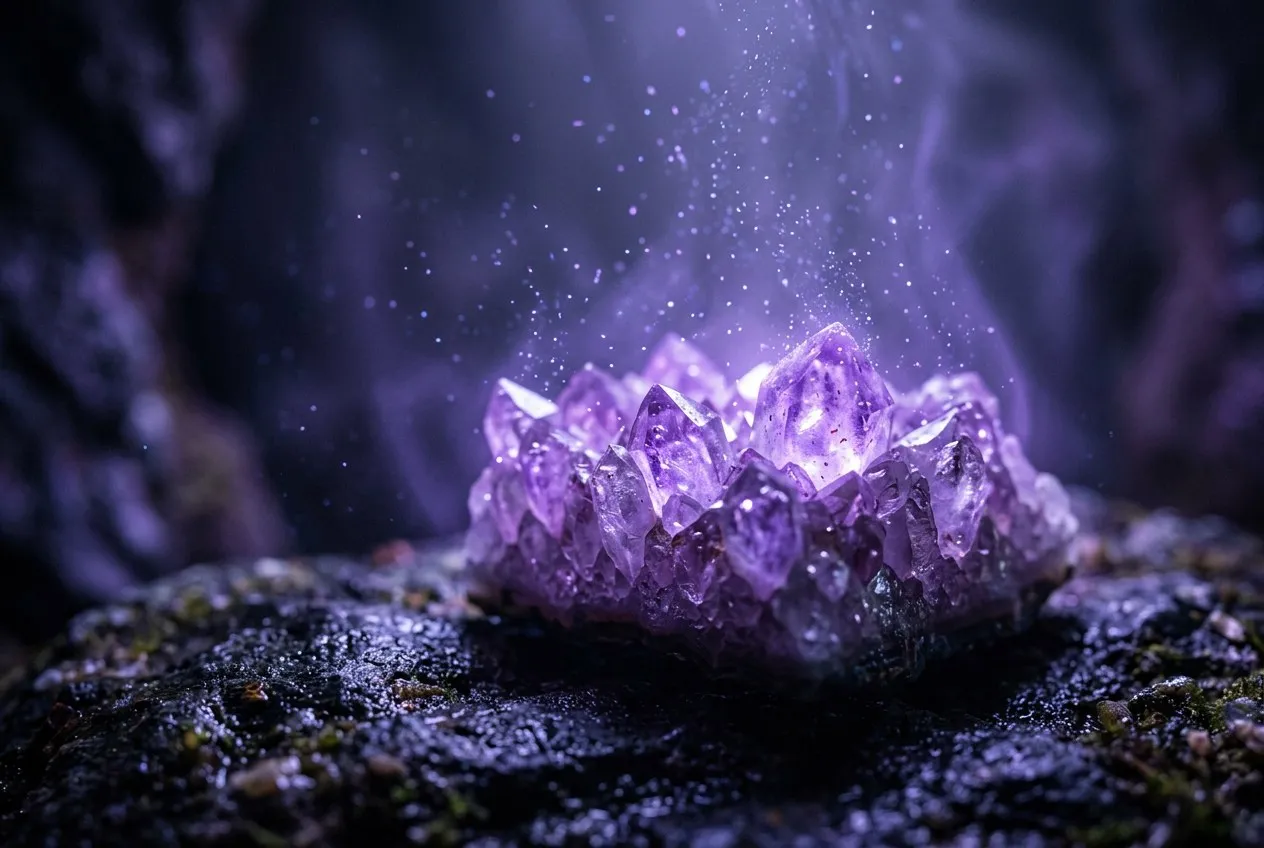 紫水晶簇放在深色木面上,從晶體內部透出深淺不一的紫色光芒,靠近鏡頭的晶尖清晰銳利,背景自然散焦