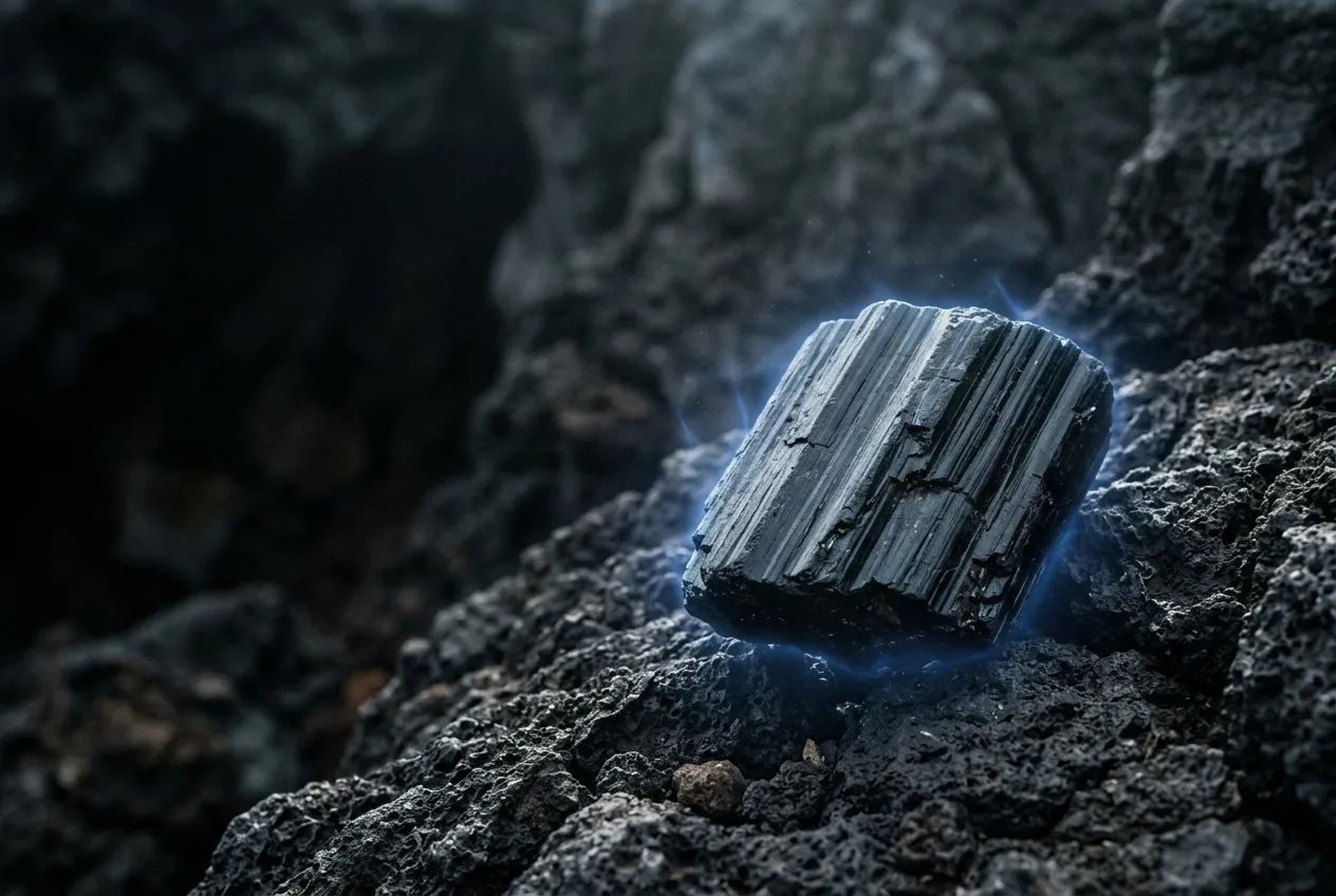 一塊黑碧璽原礦放在深色火山岩上，斜側角取景，縱向稜紋清晰可見，邊緣透著隱約的冷藍色能量光，整體氣場紮實沉穩