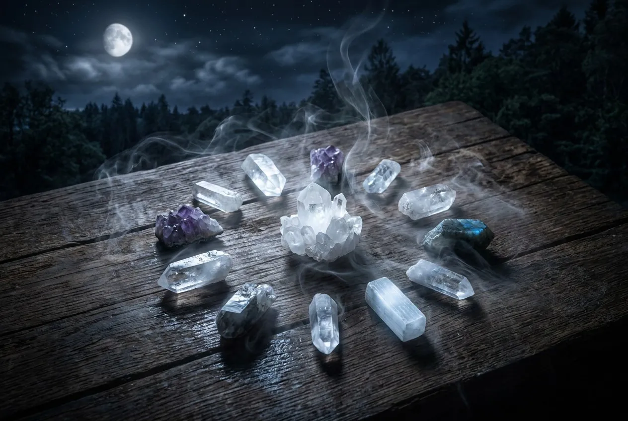 多顆水晶排列在深色木面上,中央是月光石,四周依序放著紫水晶、白水晶和粉晶,從上方灑落的月光讓每顆水晶表面微微發光