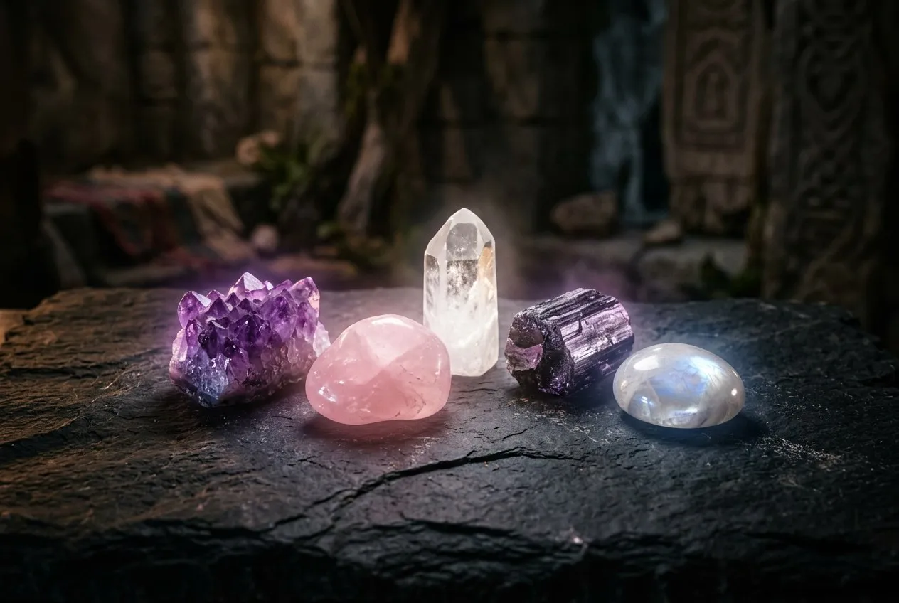 深色石面上排列著七種療癒水晶，由左至右依序是紫水晶簇、白水晶柱、粉晶原礦、黑碧璽、月光石、黑曜石球、青金石，各自散發不同頻率的柔和光芒