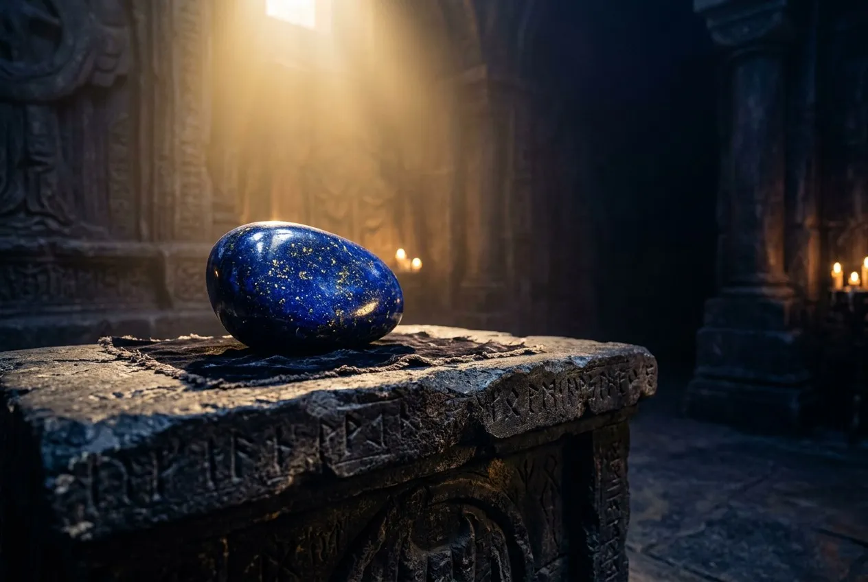 一顆磨光的青金石放在深色石台上，低角度正面取景，深邃的寶藍色表面散布著金色黃鐵礦斑點如星空，從上方灑落的金色光線營造出神聖而莊嚴的氛圍