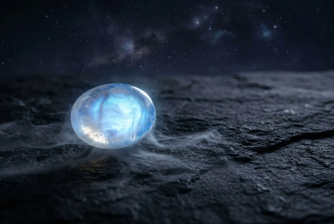 單顆月光石放在深色石面上，斜角低位取景，石內流動著乳白與冰藍相間的月暈光芒，四周瀰漫薄薄銀霧，深靛色背景隱約透出星光