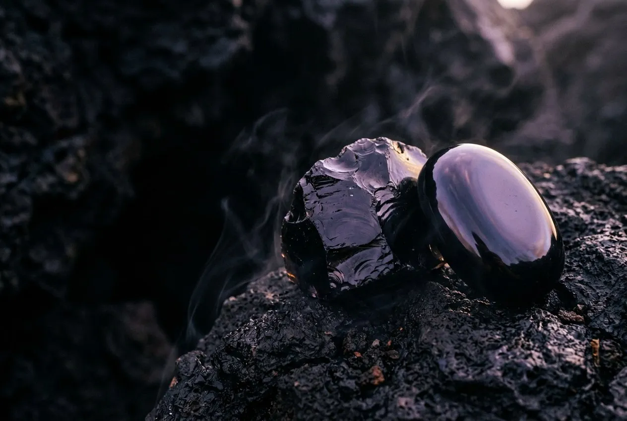 一塊黑曜石原礦與一顆橢圓形黑曜石滾石並排放在粗糙火山岩上，鏡面漆黑的表面折射出紫色與琥珀色的光，底部升起一縷黑煙，整體氣場原始而強烈