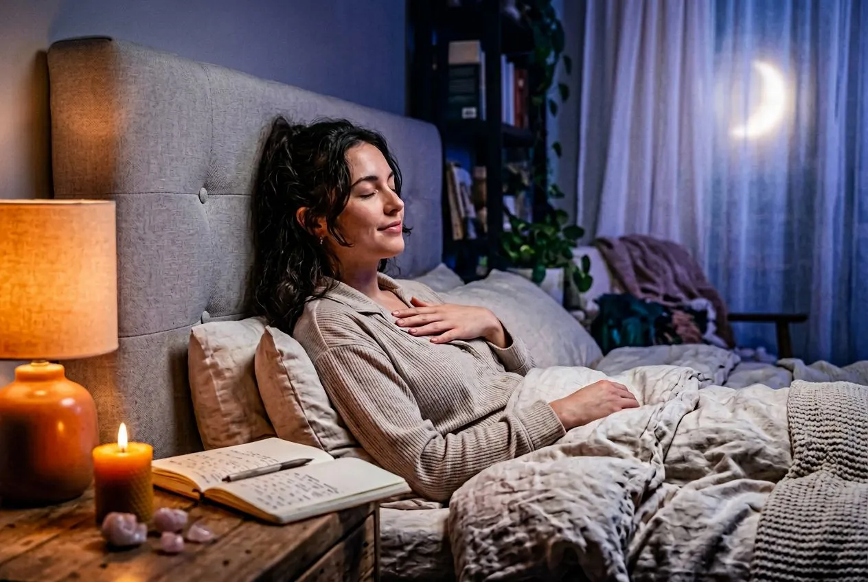 昏黃臥室夜晚場景，床邊木質小桌上一盞橘黃色小燭與一盞陶製檯燈散發暖光，攤開的米色日記本上有剛寫下的墨字，旁邊放著幾顆粉晶與白水晶，一雙女性的手溫柔地放在胸口中央，她靠在淺灰色床頭板上閉眼微笑，整個畫面柔焦蒙上薄薄藍紫暮色，窗外一輪朦朧月光