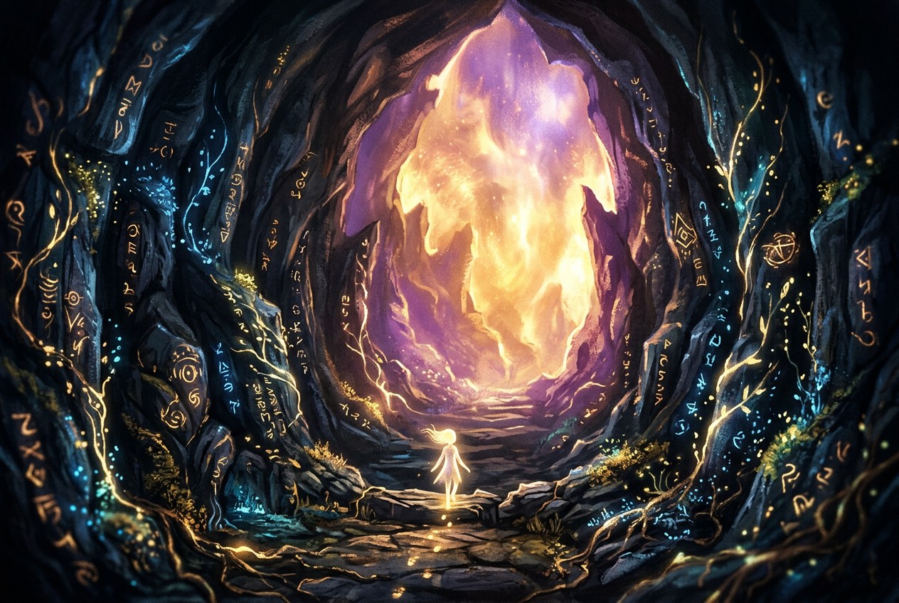 清晨第一道光從山頭透出，霧氣在山谷間飄散，遠景是層疊山嶺，天空由深藍漸層至橙金，光源在畫面左上角，前景有幾棵樹的剪影