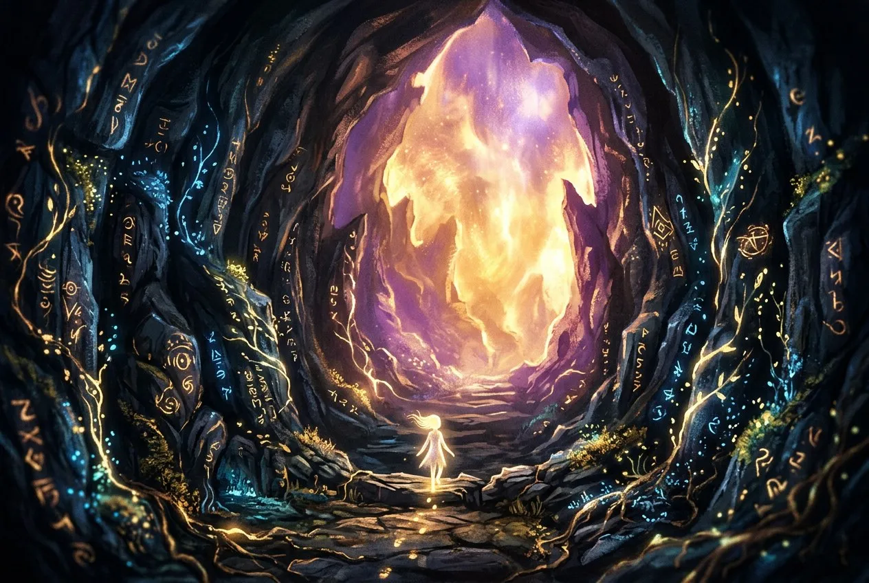 清晨第一道光從山頭透出，霧氣在山谷間飄散，遠景是層疊山嶺，天空由深藍漸層至橙金，光源在畫面左上角，前景有幾棵樹的剪影