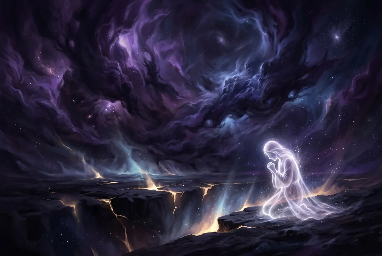 一個人獨坐於空曠山頂岩石上，仰望浩瀚星空，身後是深藍夜色與遠方模糊山稜，人物剪影位於畫面右下角，大片星空佔據畫面上方四分之三