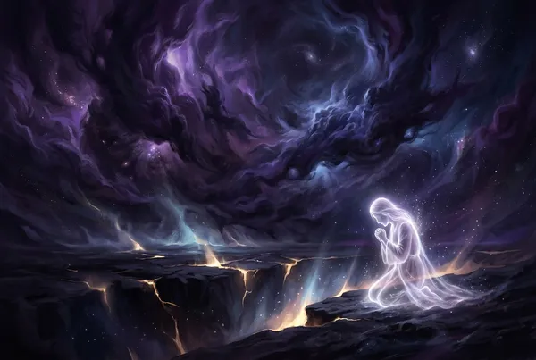 一個人獨坐於空曠山頂岩石上，仰望浩瀚星空，身後是深藍夜色與遠方模糊山稜，人物剪影位於畫面右下角，大片星空佔據畫面上方四分之三