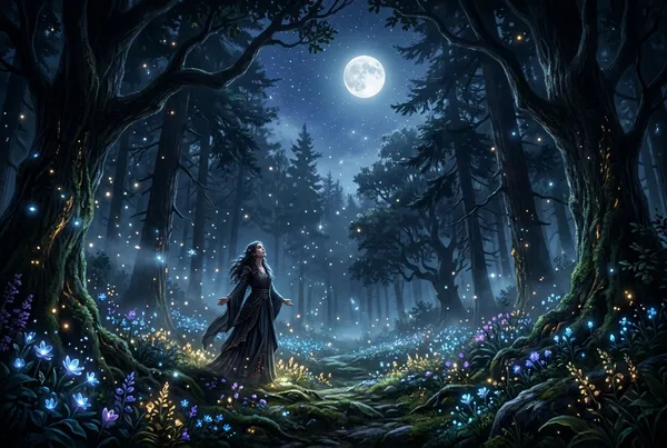 一位女性站在月光下的森林空地，周圍環繞著發光的月光花與星光，神聖而自由的氣息