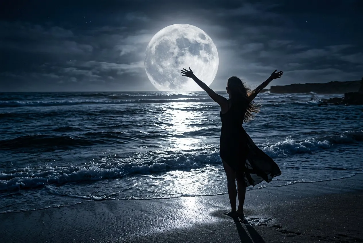 滿月夜晚中，一位女性站在海邊，面對月亮伸開雙臂，月光在水面形成長長的倒影，自由而神聖
