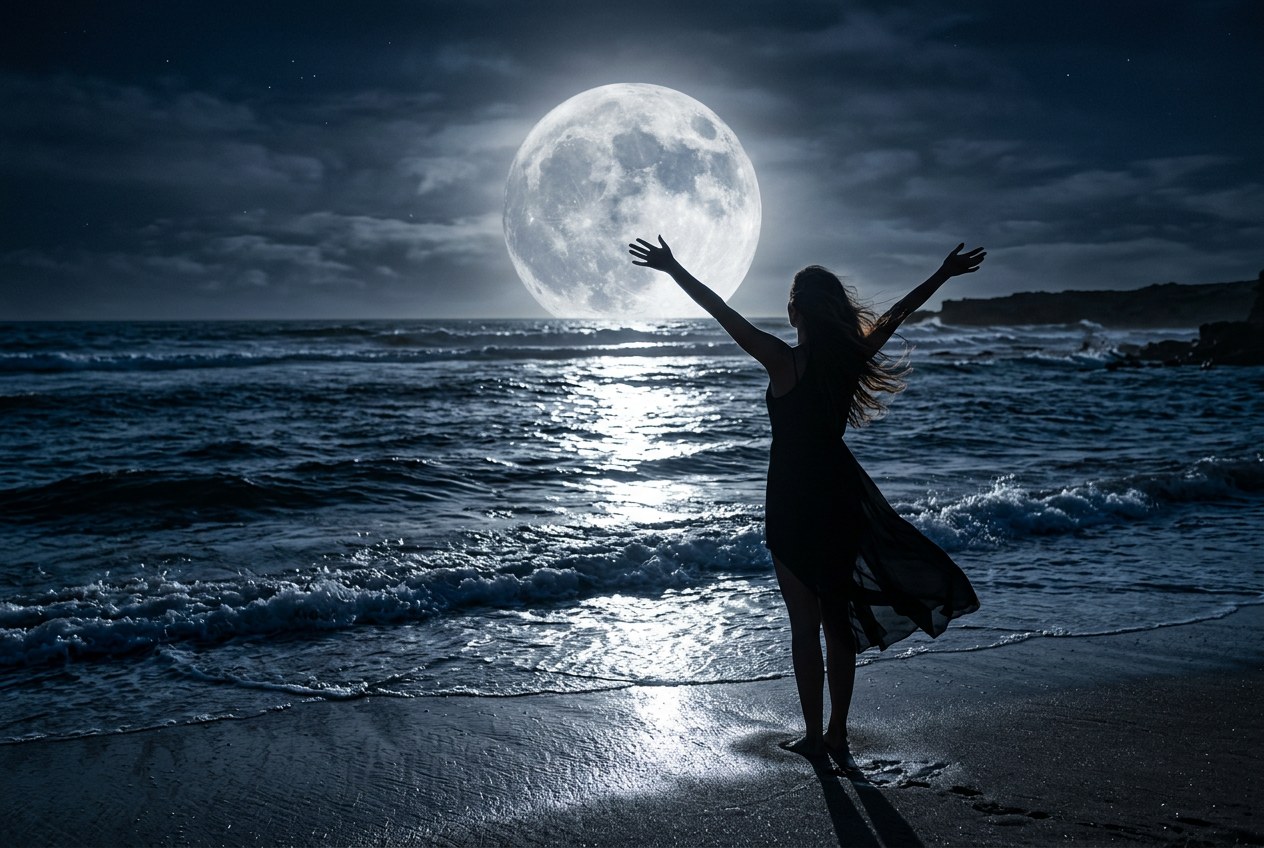 滿月夜晚中，一位女性站在海邊，面對月亮伸開雙臂，月光在水面形成長長的倒影，自由而神聖