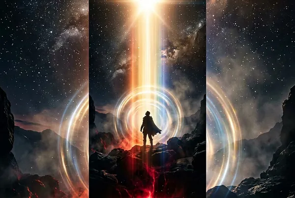 一道光譜從地面暗紅向天空金白延伸，一個人影站在中間，四周有光波紋向外擴散