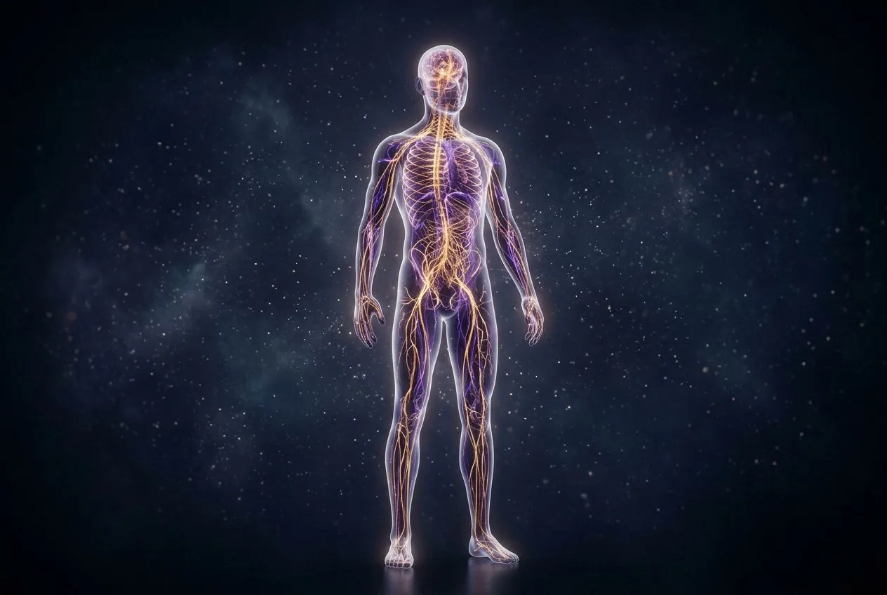 人體輪廓內部透出交織的金色與靛紫色光絲，代表神經與筋膜儲存的情緒能量網絡，暗色背景中有靜電般微光粒子漂浮
