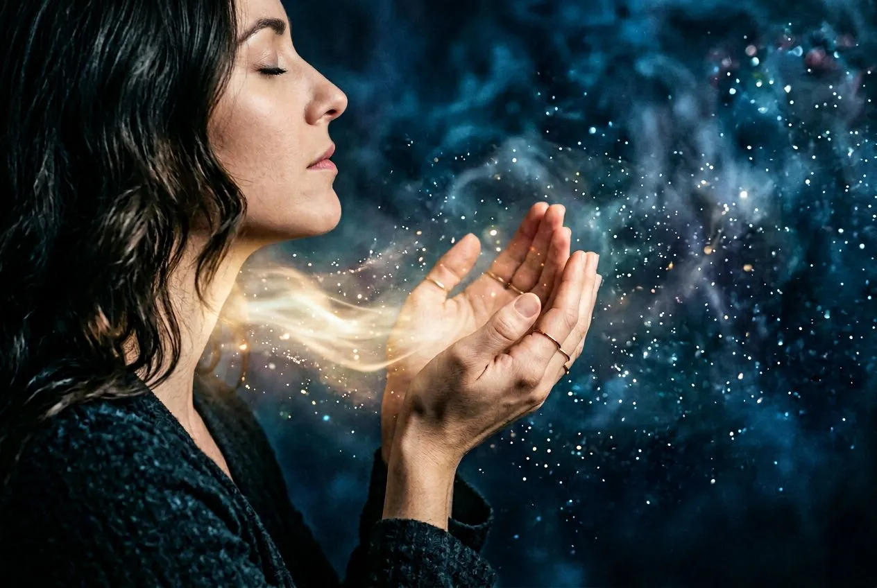 特寫：一只雙手輕握在喉嚨前方，金色柔光從喉部透出向外流動，背景深海藍與靛色霧氣，象徵說不出口的話語終於被允許釋放