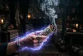 一束白色鼠尾草在手中燃燒，青煙螺旋上升，周圍有微弱的藍紫色光量場，背景是深色室內空間
