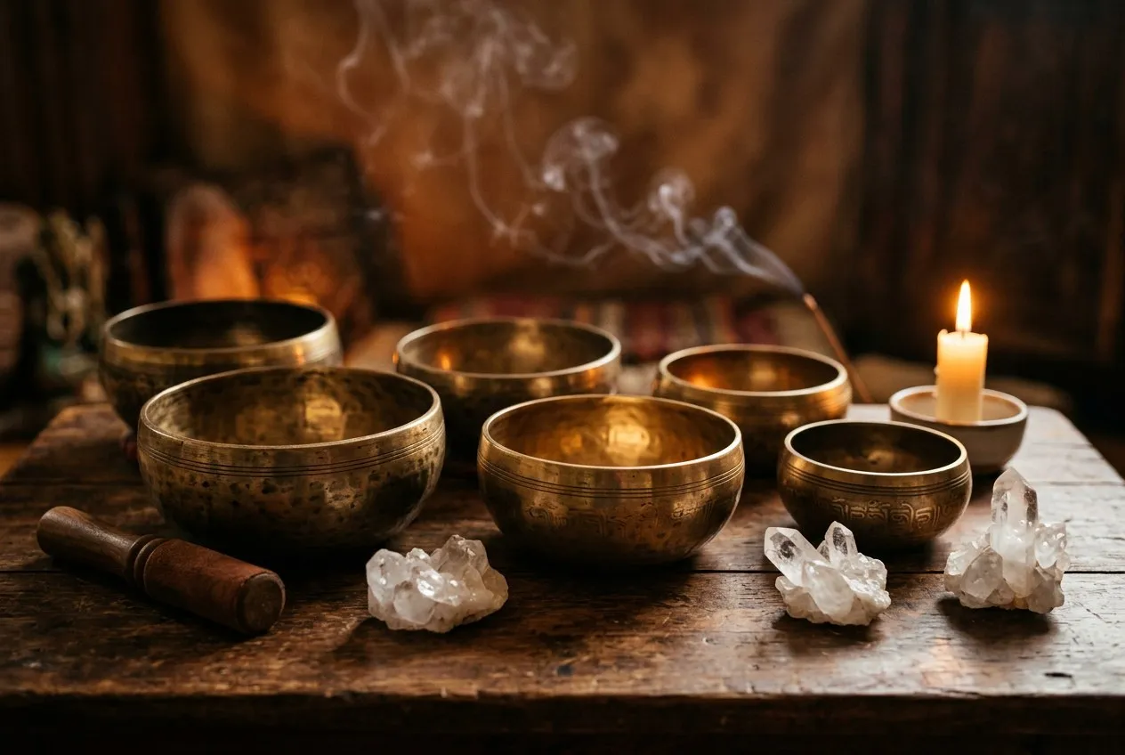一組西藏頌缽排列在木桌上，旁邊有水晶和香，溫暖燭光映照，等待一場聲音療癒儀式的開始