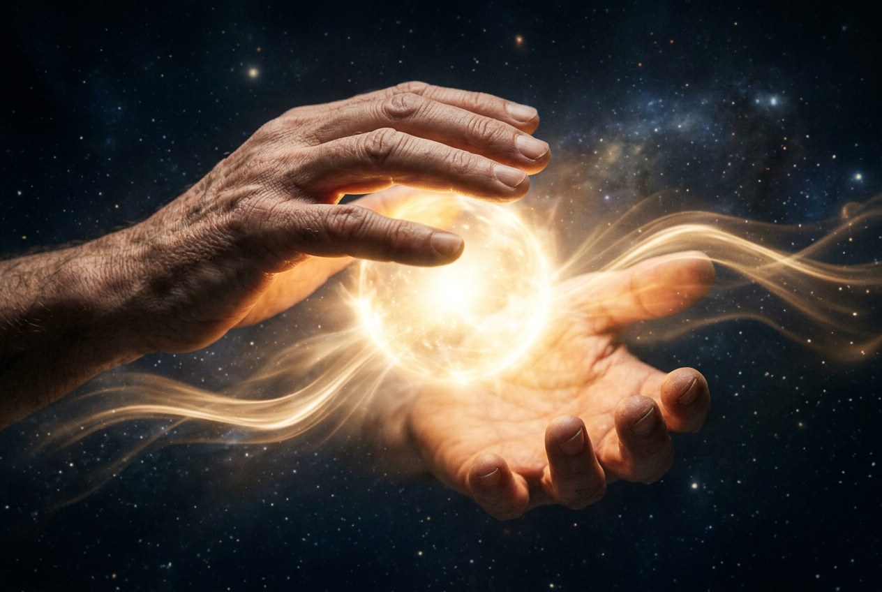 一雙手懸浮在發光能量球上方，金色與白色光流從掌心向外散射，背景深邃宇宙藍