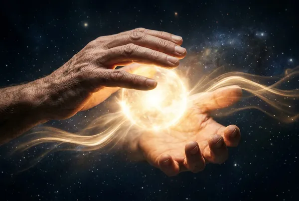 一雙手懸浮在發光能量球上方，金色與白色光流從掌心向外散射，背景深邃宇宙藍