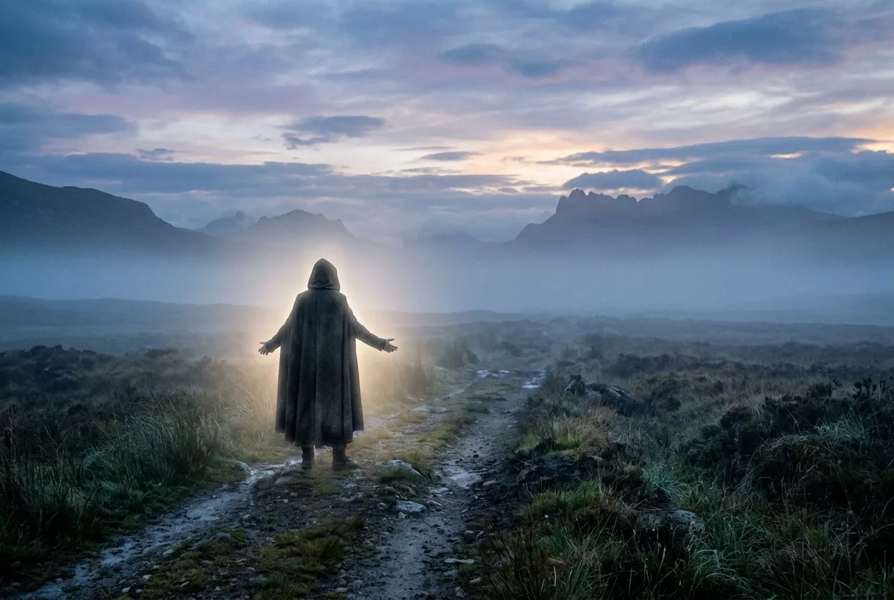 一個人獨自站在霧藍色的曠野中，身周圍繞著柔和的白色光暈，遠方有朦朧的山脈輪廓